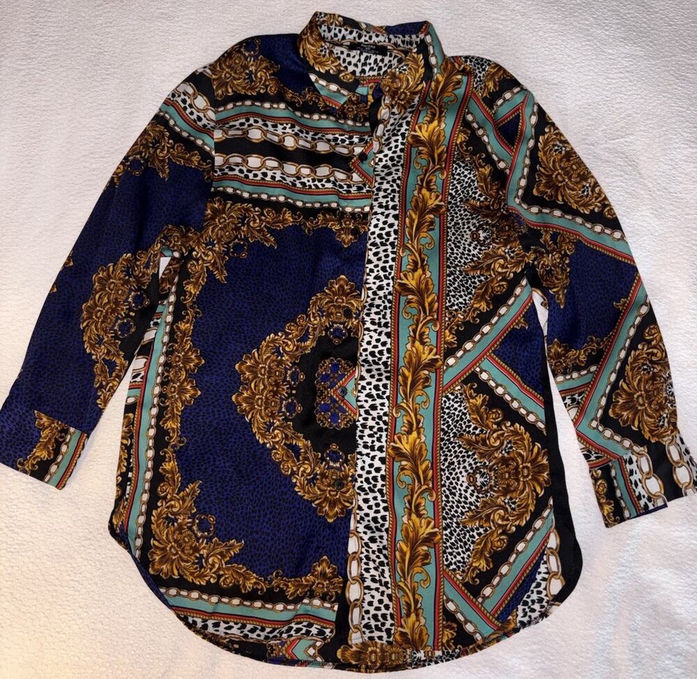 Bershka Women’s Long Sleeve Satin Shirt Size Medium Vibrant Mixed Print Colors